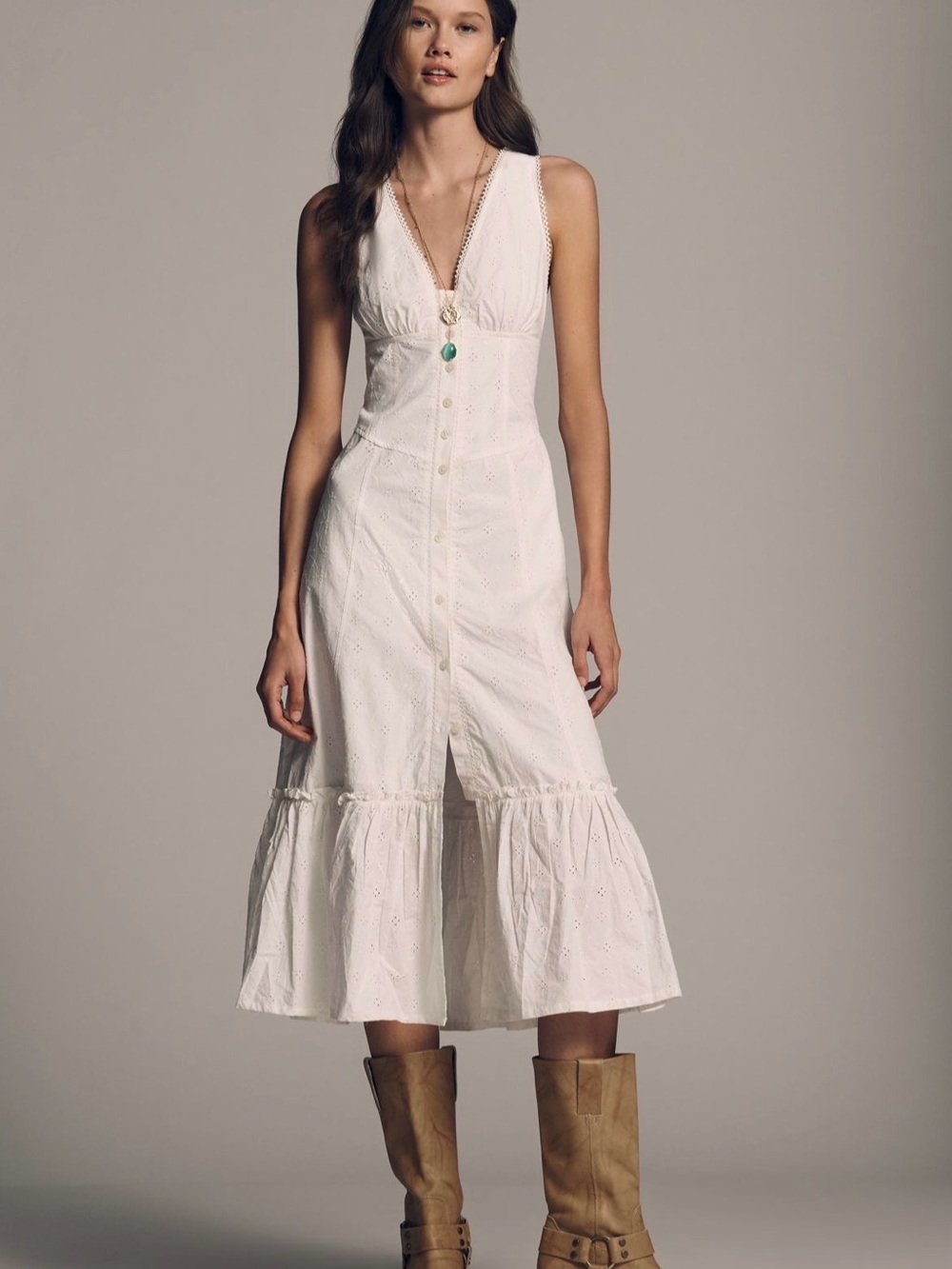 Anthropologie White Eyelet Button-Front Midi Dress